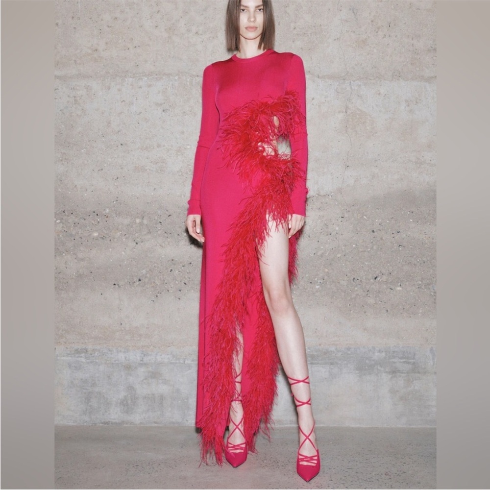 LAPOINTE
Feather-Trim Cutout Long-Sleeve High
Shine Viscose Maxi Dress